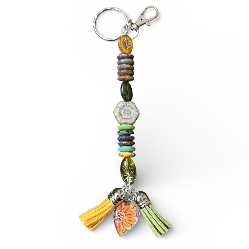 Bohemian Multi-Color Beaded Tassel Keychain / Bag Charm with Floral Accents NWT